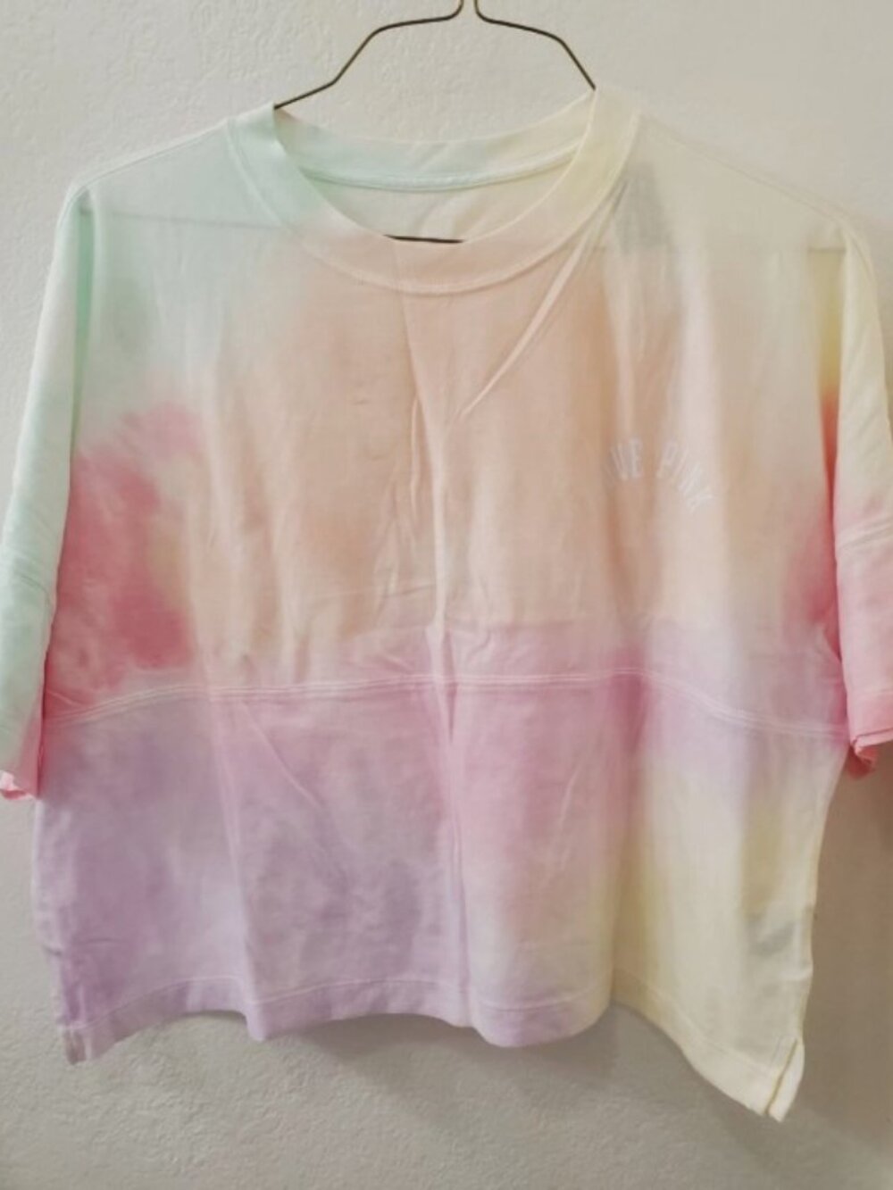 Victoria's Secret PINK Varsity Short Sleeve Crop Tee Rainbow Tie Dye NWT Medium
